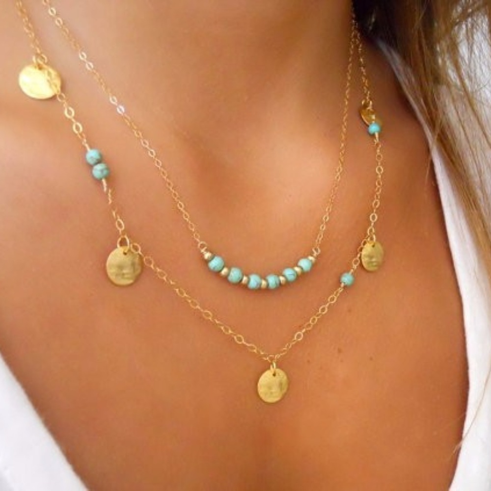Kingman Turquoise Beaded Boho Indie Gold Necklace - Picture 2 of 4